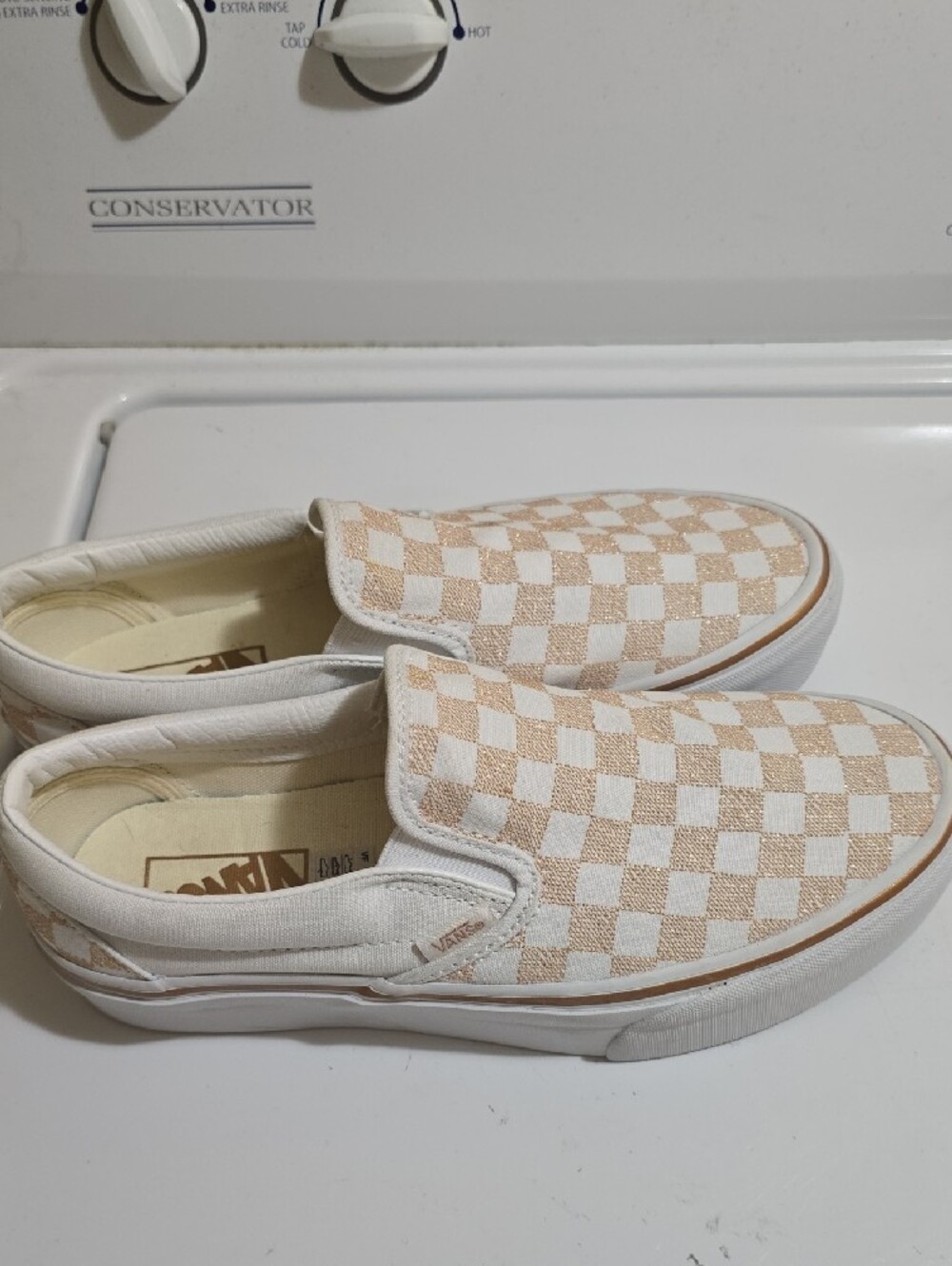 Woman Vans Slip-On Checkerboard Sneakers in Beige and White - Picture 3 of 7